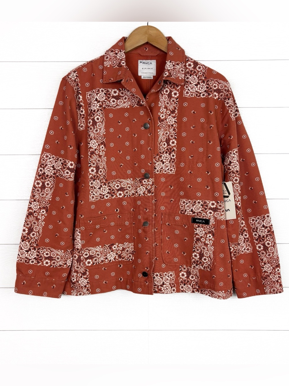 NWT RVCA Chorelist Jacket Cinnamon Floral Paisley Bandana Print Small Red Orange
